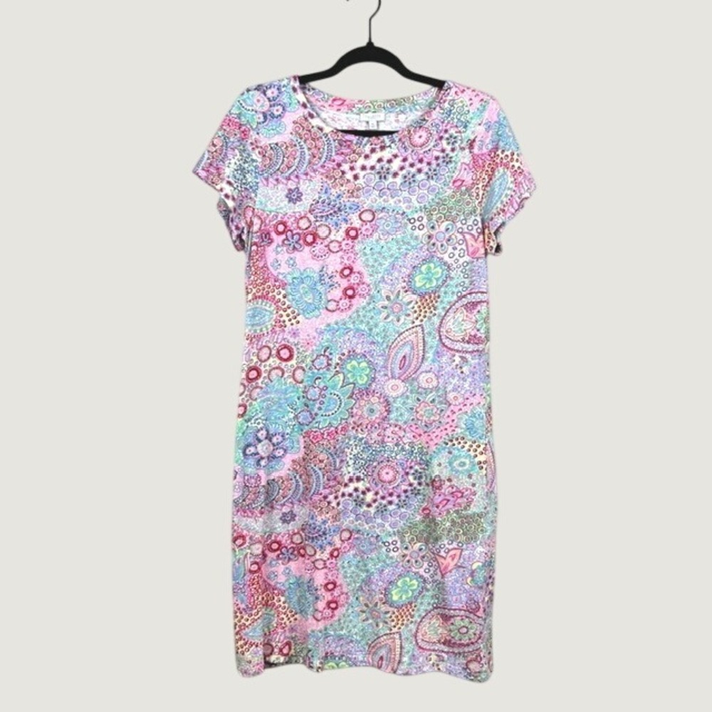 Talbots T-Shirt Dress Pink Paisley Floral Short Sleeve Cotton Womens MP